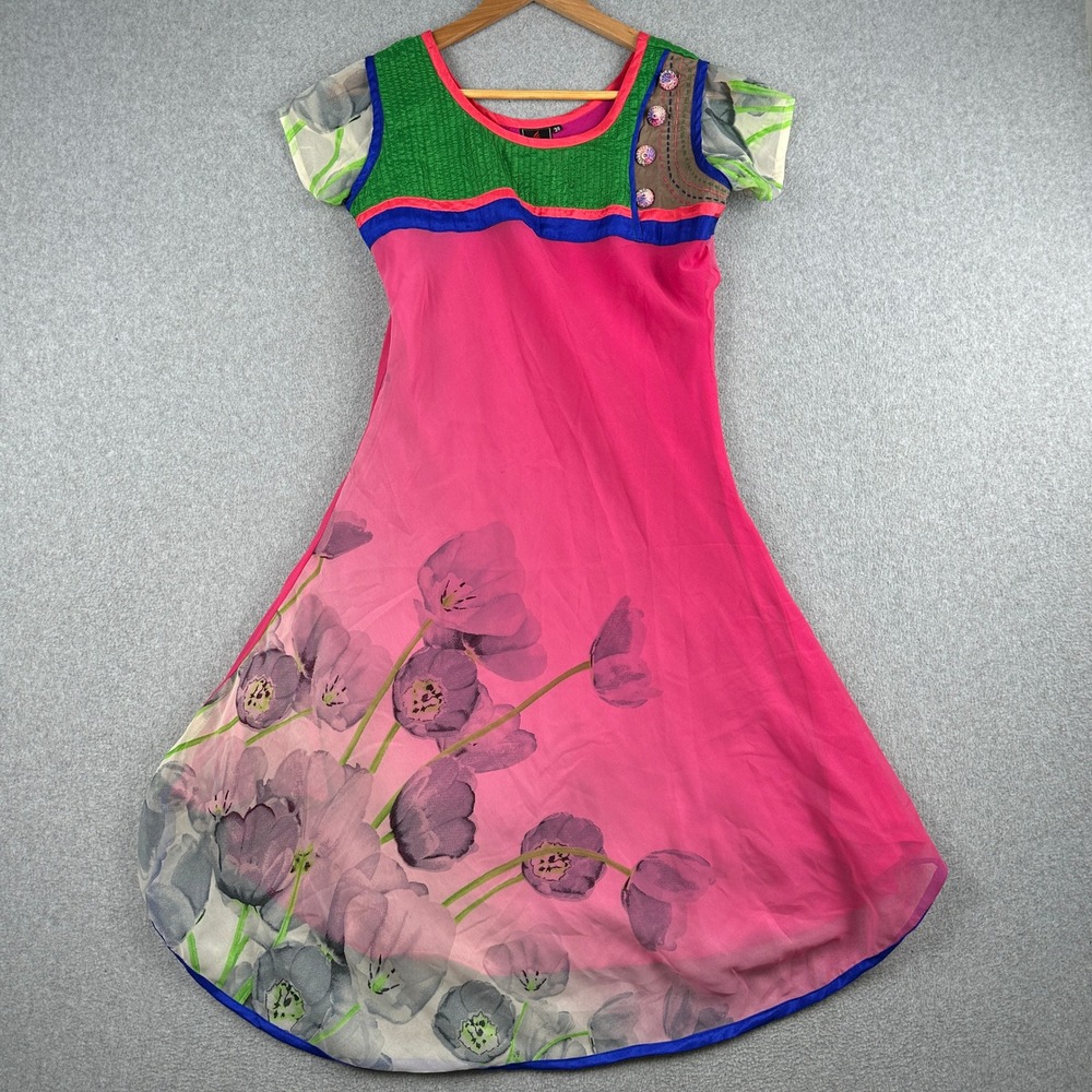 CherryRed Kurti Dress Womens 38 Pink Floral Anarkali Tunic Short Sleeve India